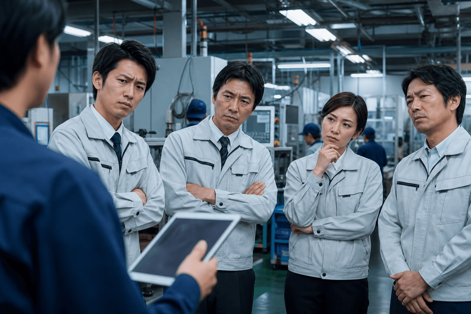 製造現場でシステム導入に戸惑う従業員